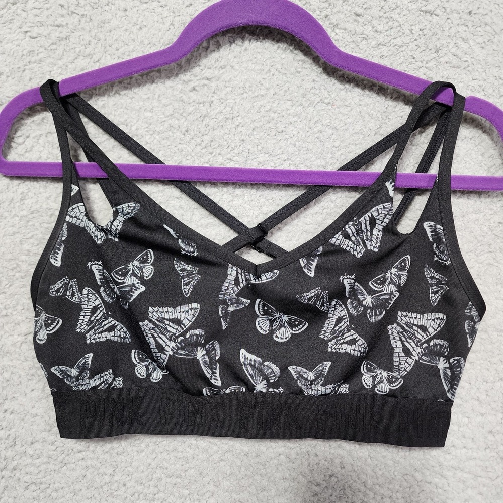 Victoria's Secret‎ PINK Butterfly Black Spaghetti Sports Bra Crop Top Size Large